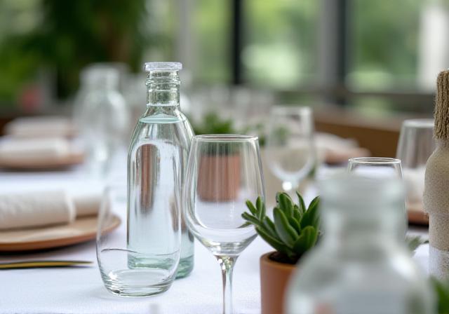 Nachhaltig gestaltetes Event-Setup mit Glas und Stoffservietten