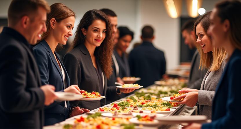 Kollegen unterhalten sich angeregt an einem modernen Buffet-Tisch